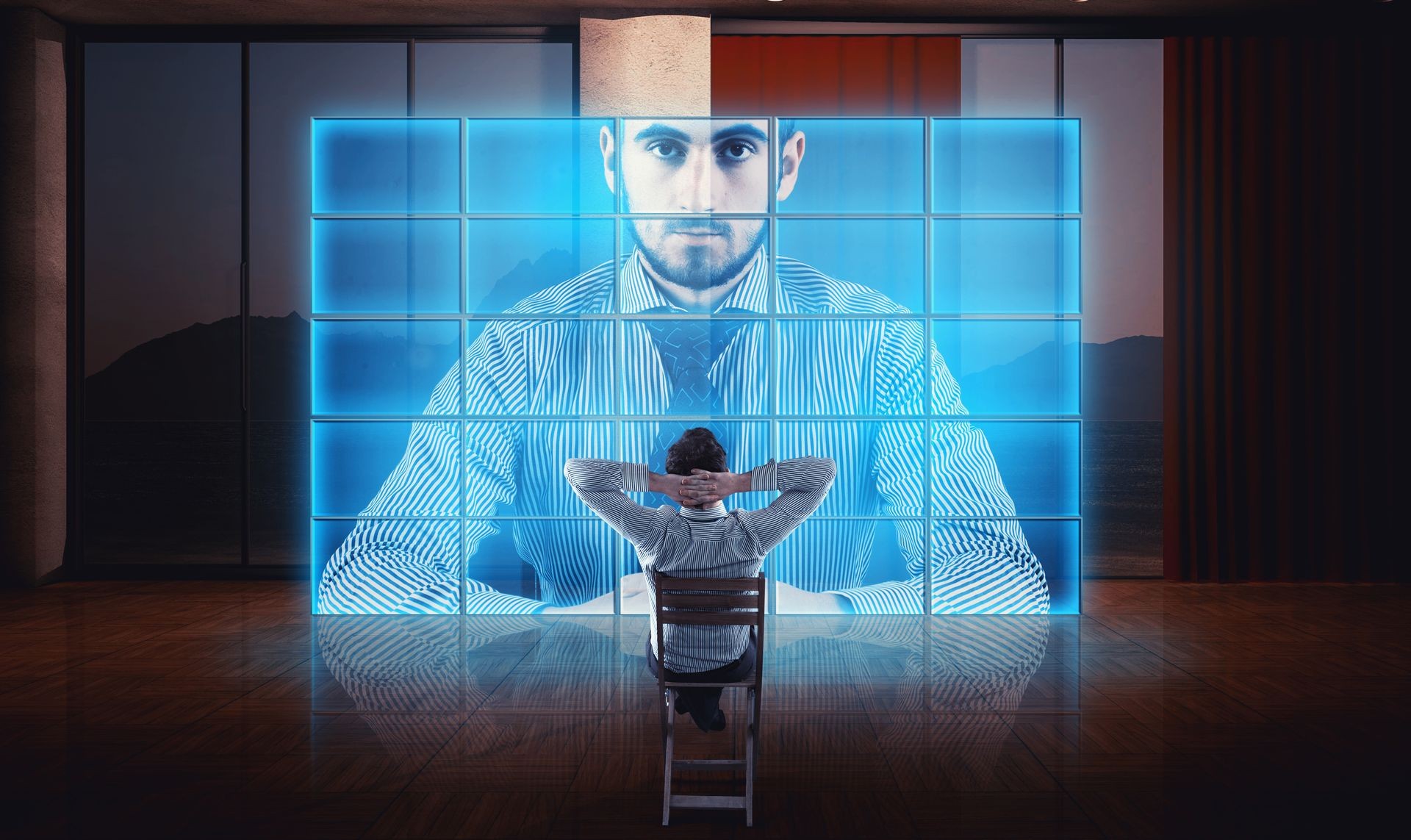 Business man having a video call with his partner on a hologram in living room. Live conversation online. Business meeting online.